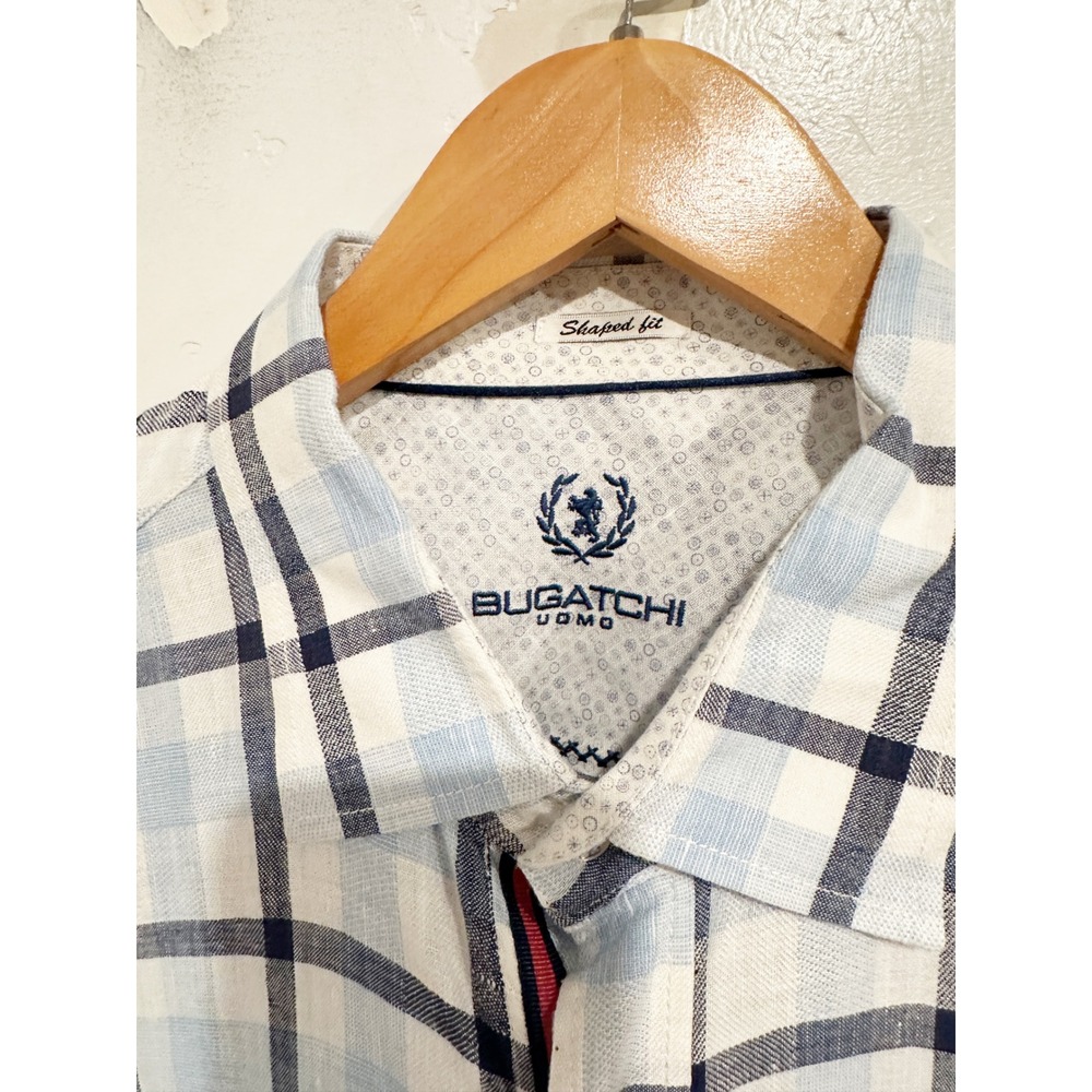 Bugatchi Shaped Fit Blue Plaid Linen Button Down Size XL - Picture 3 of 9